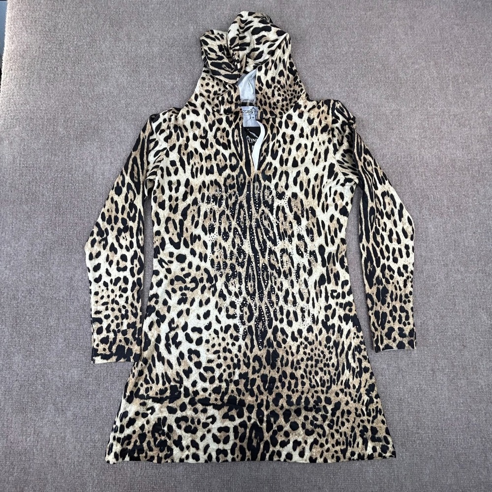 Kristine Hoodie Dress Womens Medium Brown Black Leopard Print Stretch Rhinestone